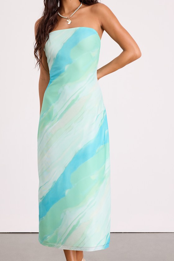 Mint Green & Blue Mesh Dress - Strapless Dress - Mesh Midi Dress - Image 5