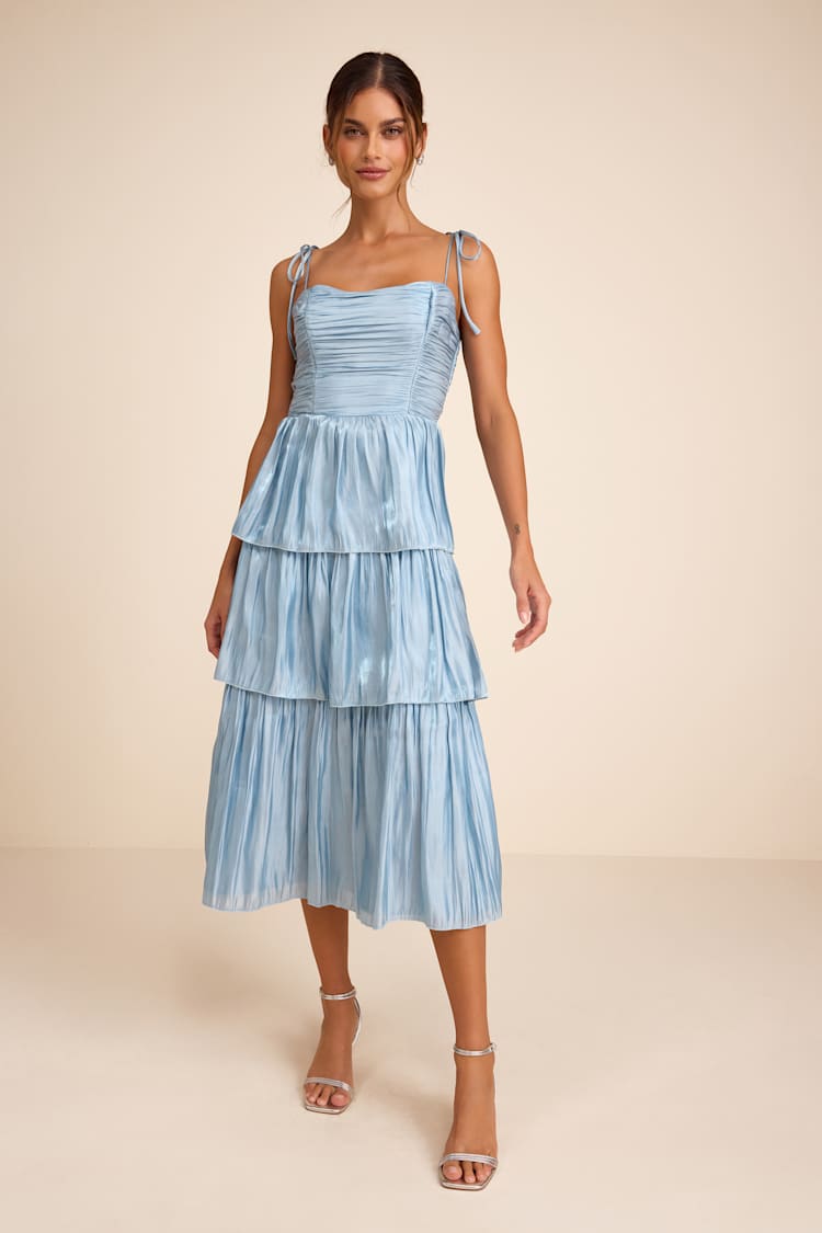 Lulus | Dusty Blue Plisse Tiered Midi Dress | Womens | Large (Available in XXL, XS, S, M, XL) | 100% Polyester