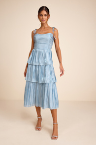 Tennon Dusty Blue Plisse Tiered Midi Dress 1