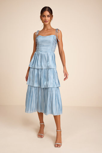 Tennon Dusty Blue Plisse Tiered Midi Dress 1