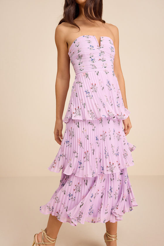 Hadelyn Lavender Floral Pleated Tiered Midi Dress 2