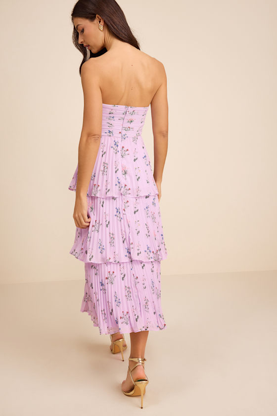 Lavender Floral Dress - Pleated Floral Dress - Tiered Midi Dress - Image 4