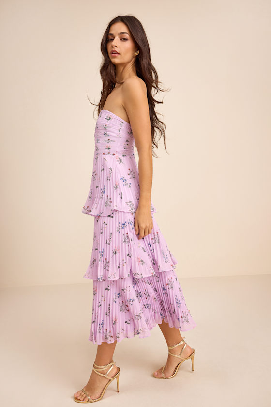 Lavender Floral Dress - Pleated Floral Dress - Tiered Midi Dress - Image 2