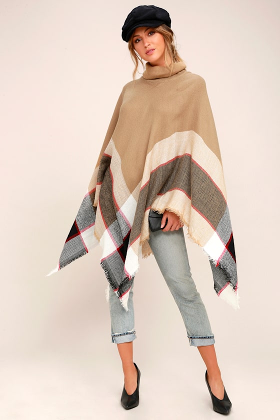 Sled Ride Beige Plaid Poncho 1