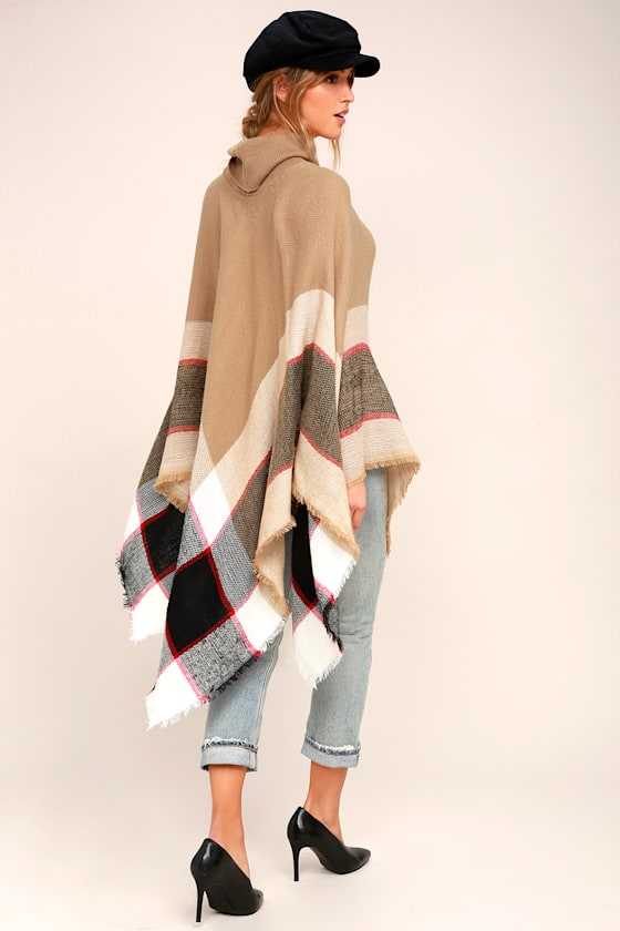 Sled Ride Beige Plaid Poncho 2
