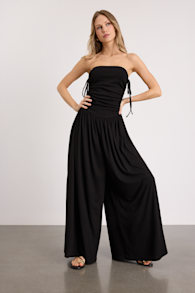 Halloran Black Pointelle Strapless Wide-Leg Jumpsuit 1