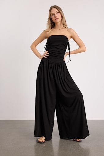 Halloran Black Pointelle Strapless Wide-Leg Jumpsuit 1