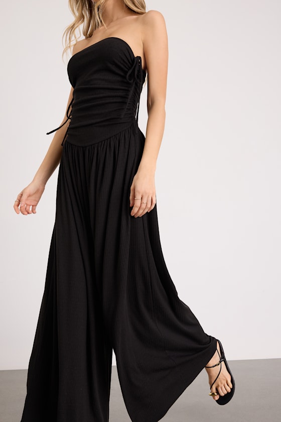 Halloran Black Pointelle Strapless Wide-Leg Jumpsuit 2