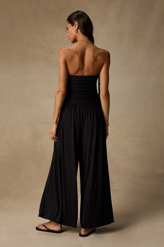 Halloran Black Pointelle Strapless Wide-Leg Jumpsuit - thumbnail 3