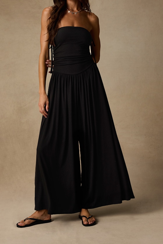 Halloran Black Pointelle Strapless Wide-Leg Jumpsuit - thumbnail 4