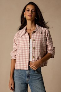Clemmie Pink and White Gingham Cropped Shacket 1