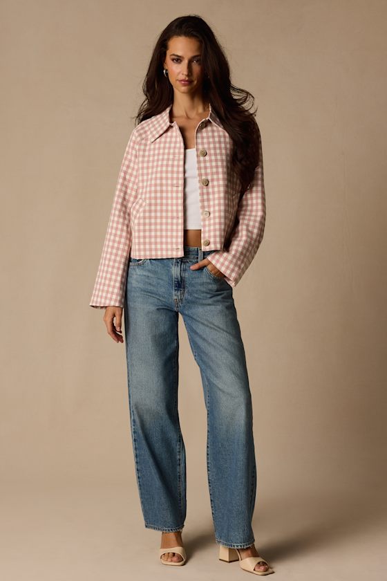 Clemmie Pink and White Gingham Cropped Shacket 2