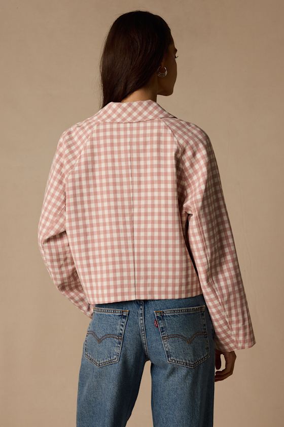 Clemmie Pink and White Gingham Cropped Shacket 3