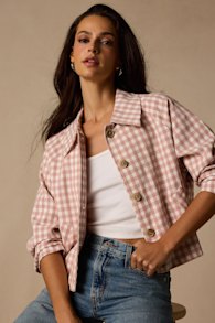 Clemmie Pink and White Gingham Cropped Shacket 6