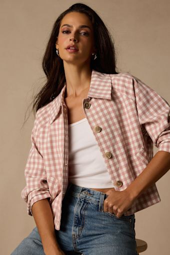 Clemmie Pink and White Gingham Cropped Shacket 6