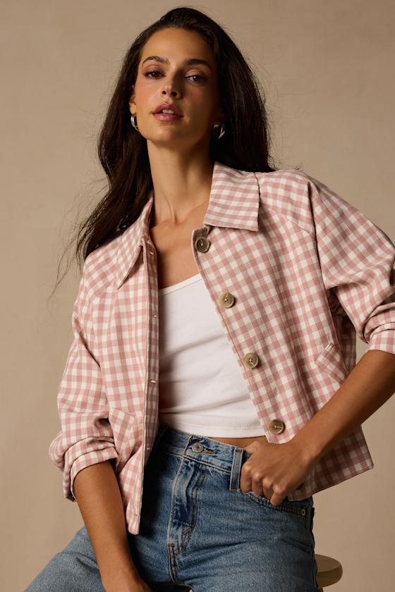 Clemmie Pink and White Gingham Cropped Shacket 6