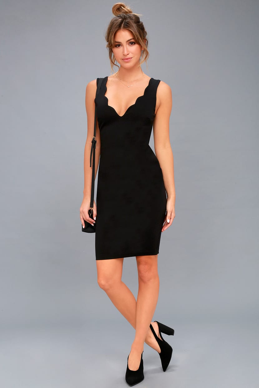 Lulus | Feeling Coy Black Scalloped V-Neck Bodycon Dress | Size Large | 100% Polyester