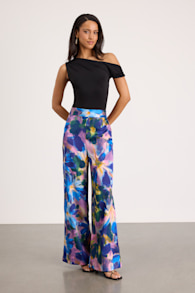 Thriving Vibes Blue Floral Print Satin Wide-Leg Pants 1