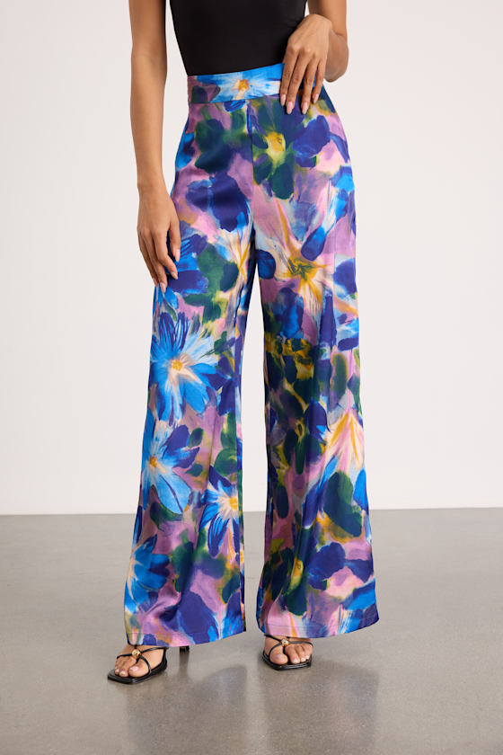 Thriving Vibes Blue Floral Print Satin Wide-Leg Pants 2