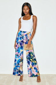 Thriving Vibes Blue Floral Print Satin Wide-Leg Pants 2