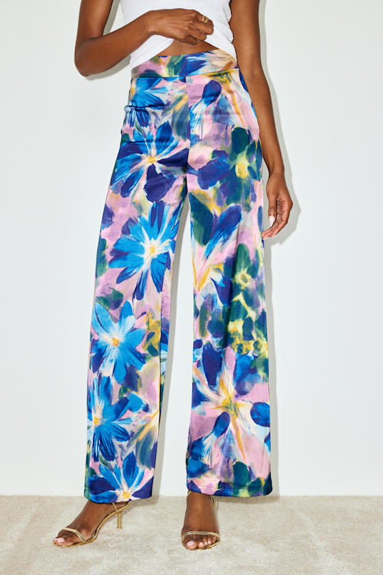 Thriving Vibes Blue Floral Print Satin Wide-Leg Pants 3