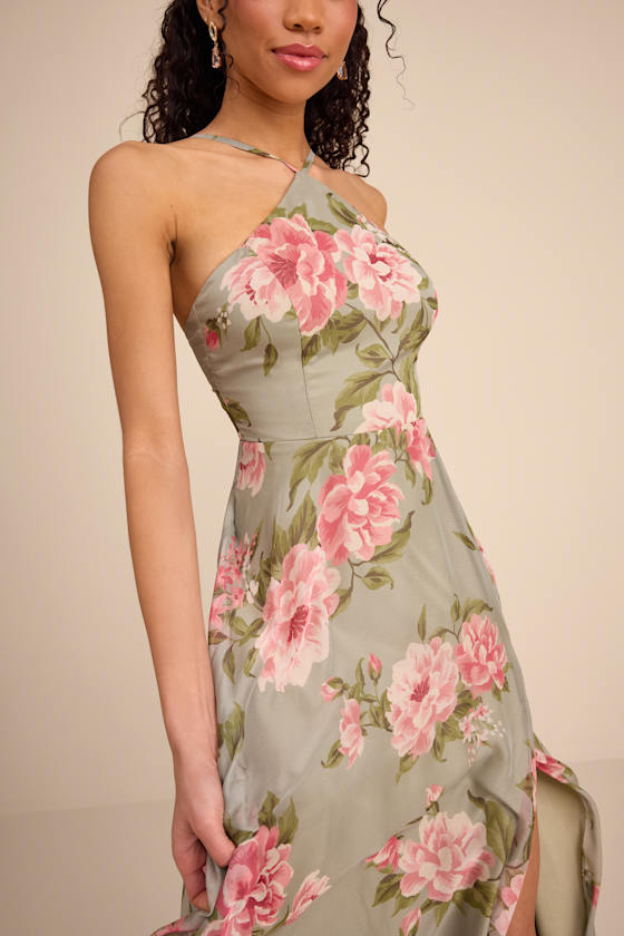Image of Romantic Marvel Sage Floral Print Halter Neck Maxi Dress