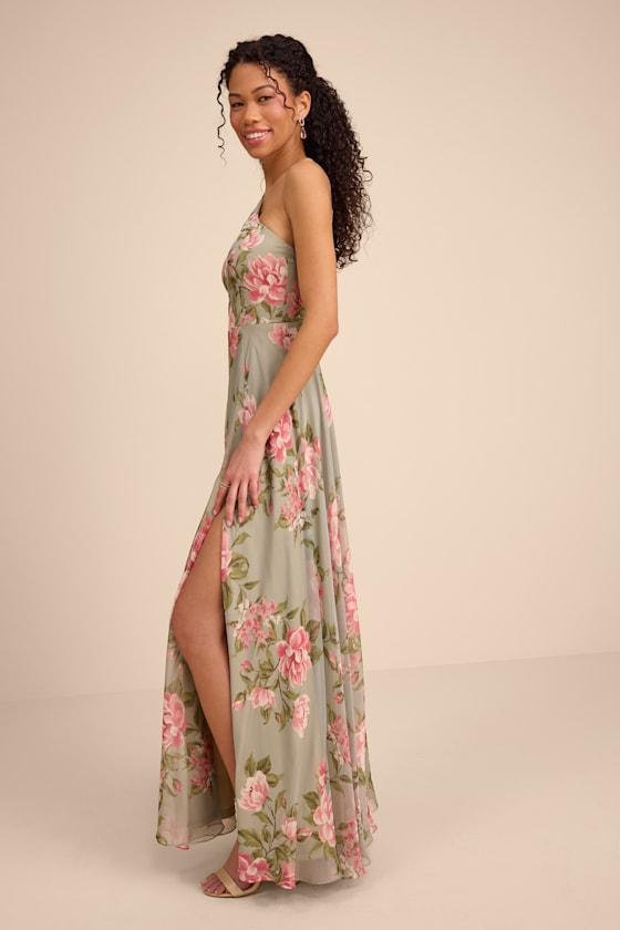 Sage Floral Bridesmaid Dress - Halter Dress - Floral Maxi Dress