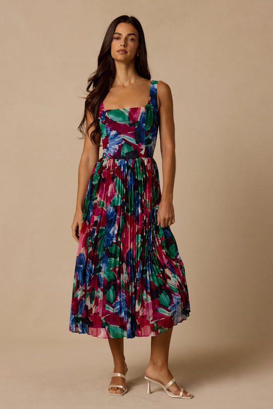 Fuchsia Multi Floral Pleated Midi Dress | Womens | X-Large (Available in XS, S, M, L) | 100% Polyester