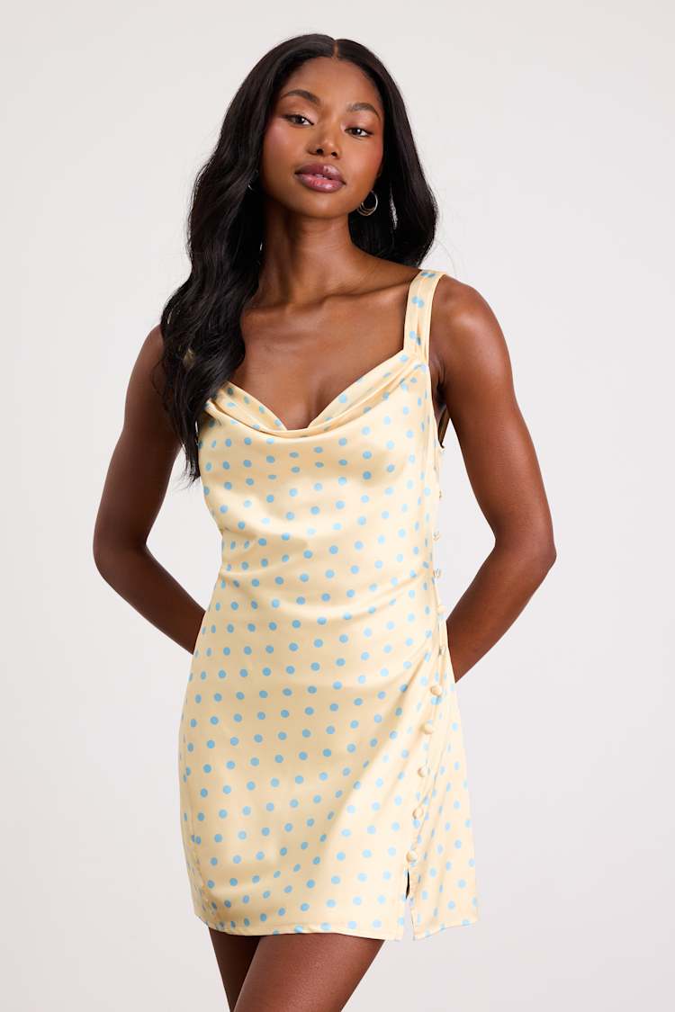 Candace Light Yellow Polka Dot Satin Mini Dress