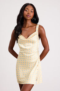 Candace Light Yellow Polka Dot Satin Mini Dress 1