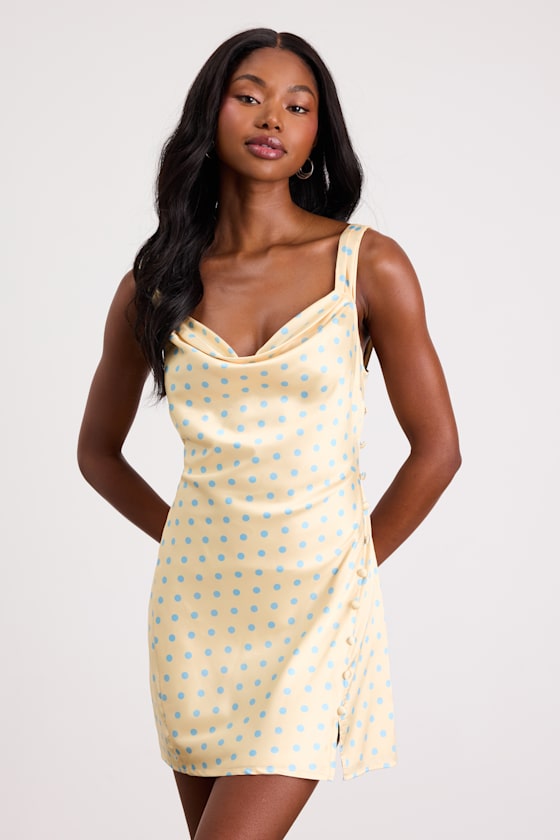 Candace Light Yellow Polka Dot Satin Mini Dress 1