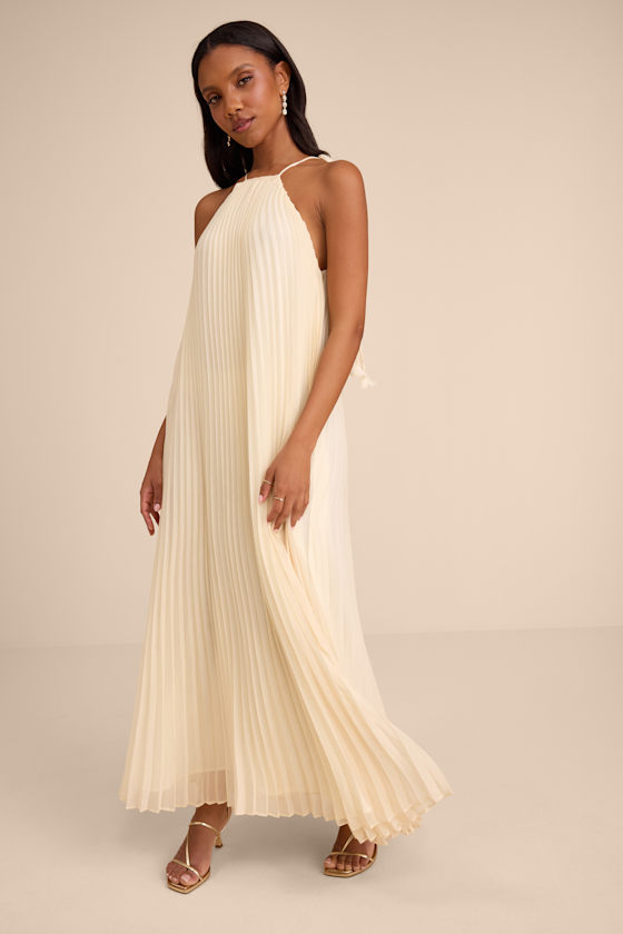 Naylani Cream Pleated Tie-Strap Maxi Dress 1