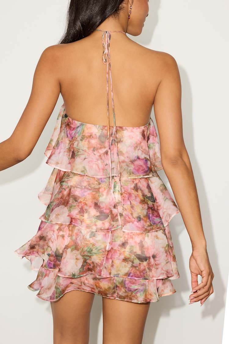 Melody Pink Multi Floral Tiered Halter Mini Dress
