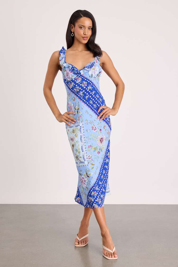 Lulus | Blue Floral Scarf Print Ruffled Midi Dress | Womens | X-Large (Available in XS, S, M, L) | 100% Polyester