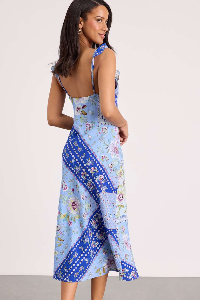 Blue Floral Scarf Print Dress - Ruffled Dress - Slip Midi Dress - Lulus