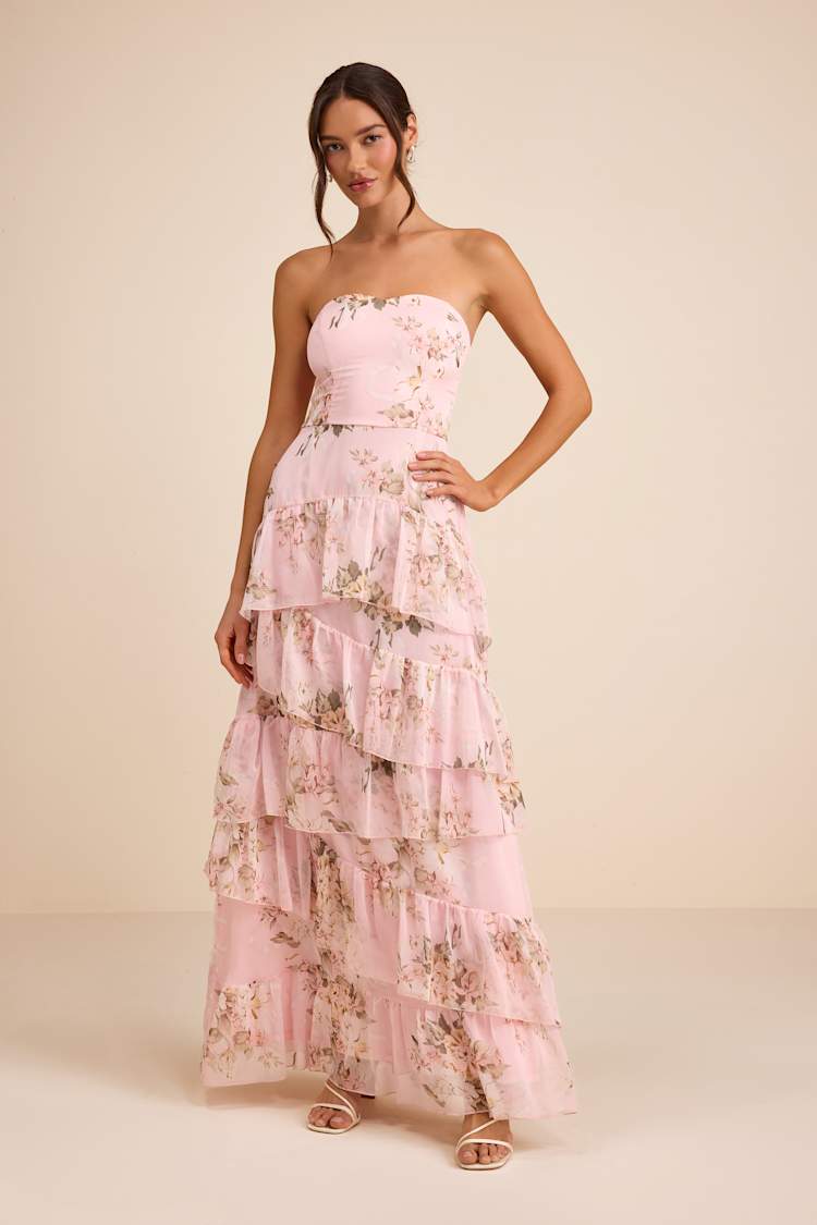 strapless open back dress Sweet Serenade Blush Floral Maxi Dress - Enchanting Elegance main image 1
