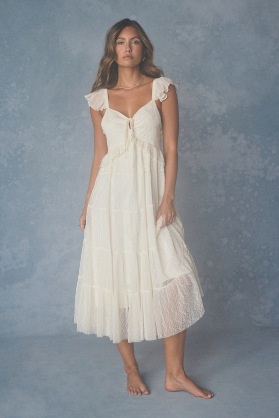 Cream Midi Dress - Mixed Media Midi Dress - Tiered Midi Dress - Lulus