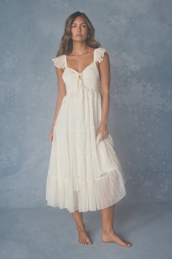 Meli Cream Mixed Media Tiered Midi Dress 2