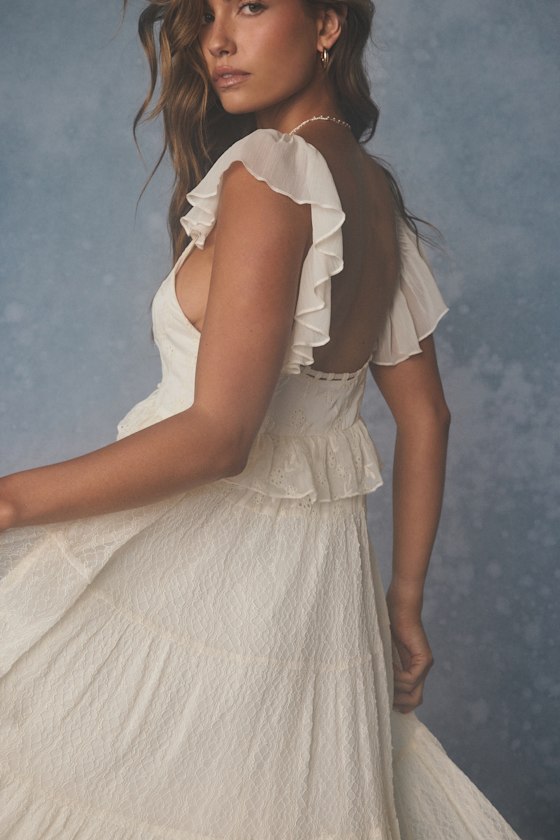 Meli Cream Mixed Media Tiered Midi Dress 3