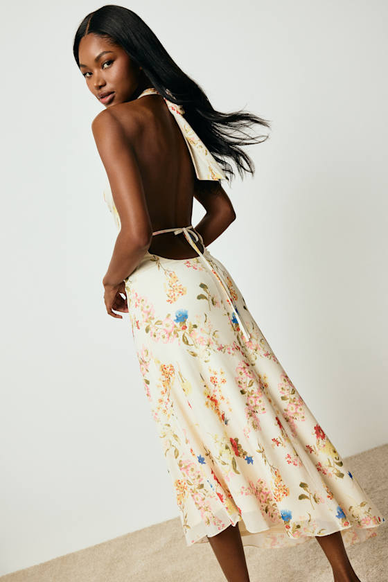 Lulus Asa Cream Floral Halter Asymmetrical Midi Dress
