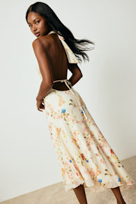 Asa Cream Floral Halter Asymmetrical Midi Dress 1