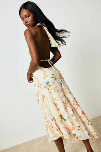 Asa Cream Floral Halter Asymmetrical Midi Dress 1
