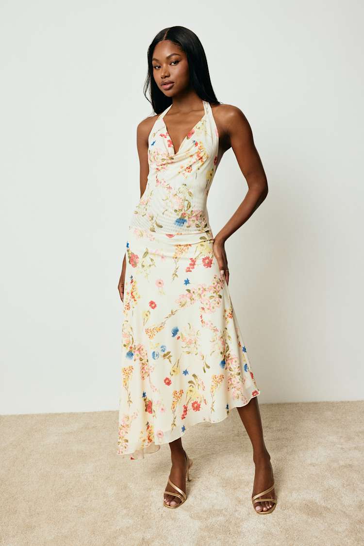 Cream Floral Midi Dress - Asymmetrical Dress - Halter Floral Midi - Lulus Cream Floral Midi Dress - Asymmetrical Dress - Halter Floral Midi - Lulus