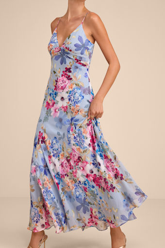 Meleia Light Blue Floral V-Neck Maxi Dress 1