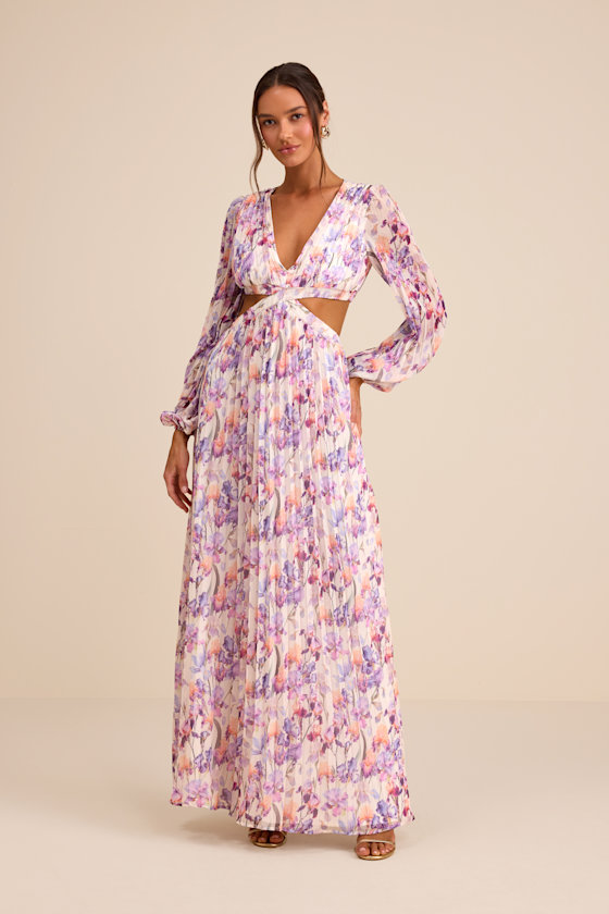 ワンピース Herlipto Floral Cut-Out Long Dress Ivory & Purple Floral Gown - Pleated Maxi Dress - Cutout Maxi - Lulus