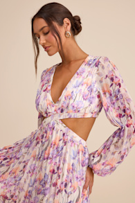 Melea Ivory and Purple Floral Pleated Cutout Maxi Dress 2