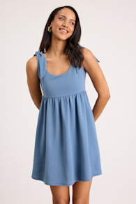 Cute Certainty Slate Textured Ribbed Knit Tie-Strap Mini Dress 1