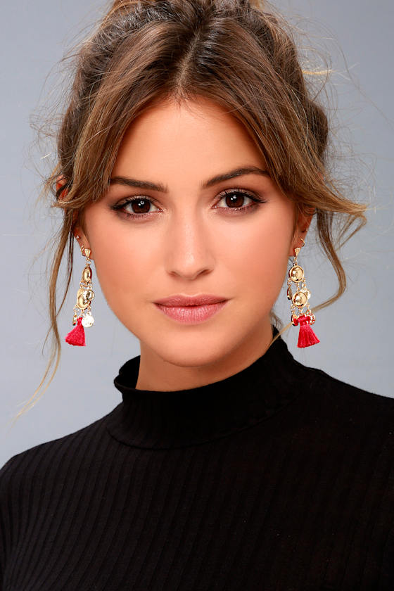 Ettika Battlefield Earrings Gold and Red Tassel Earrings Lulus