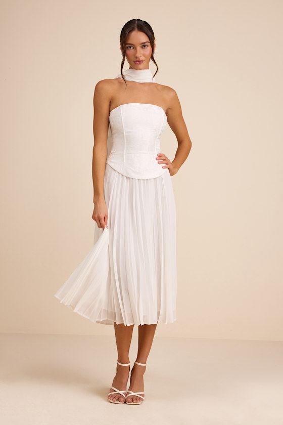 White Jacquard Midi Dress - Sash Scarf Dress - Scarf Dress Set - Lulus