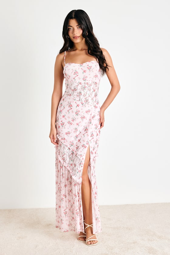 Kasha Light Pink Floral Asymmetrical Maxi Dress 2